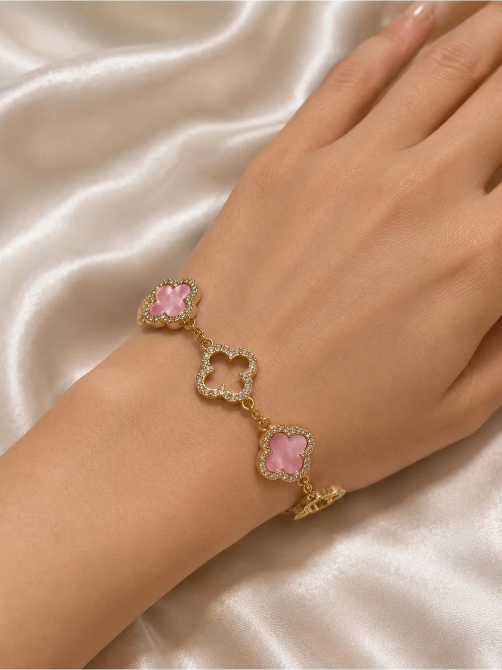 Pink Clover Charm Bracelet Crystal Floral Link Adjustable